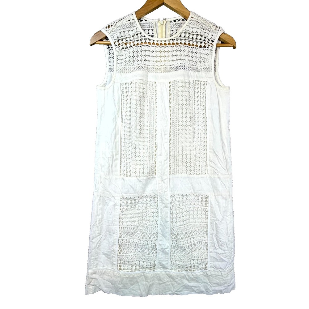 J.Crew Shift Mini Dress Women 2XS Off White Eyelet Geo Lace Crochet Cotton Lined